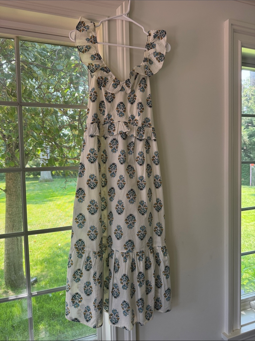 J. Crew white Maxi Dress with Blue Floral Print